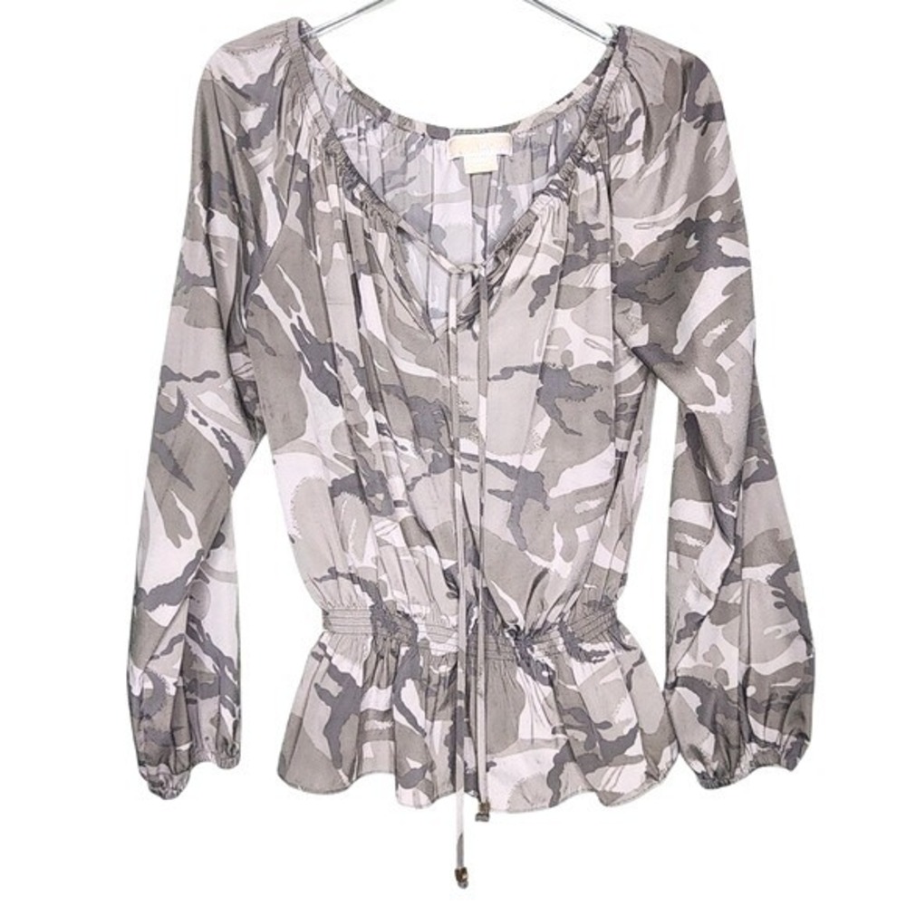 Michael Kors Camo Satin Peplum Top Peasant Boho Cottage Olive Green Tie Neck M